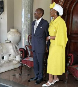 On his two feet … President Mugabe and his wife Grace on his 95th birthday